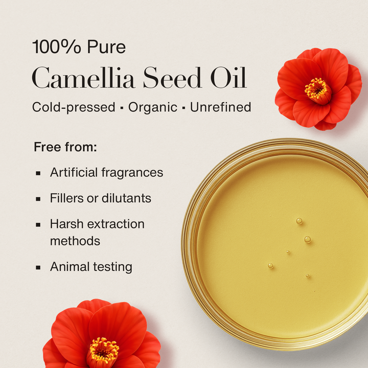 Flat lay of 100% Pure Camellia Oil by Oleo Botanicals, cold-pressed, organic, and unrefined, shown with rosehip fruits and listed benefits: free from artificial fragrances, fillers, harsh extraction methods, and animal testing