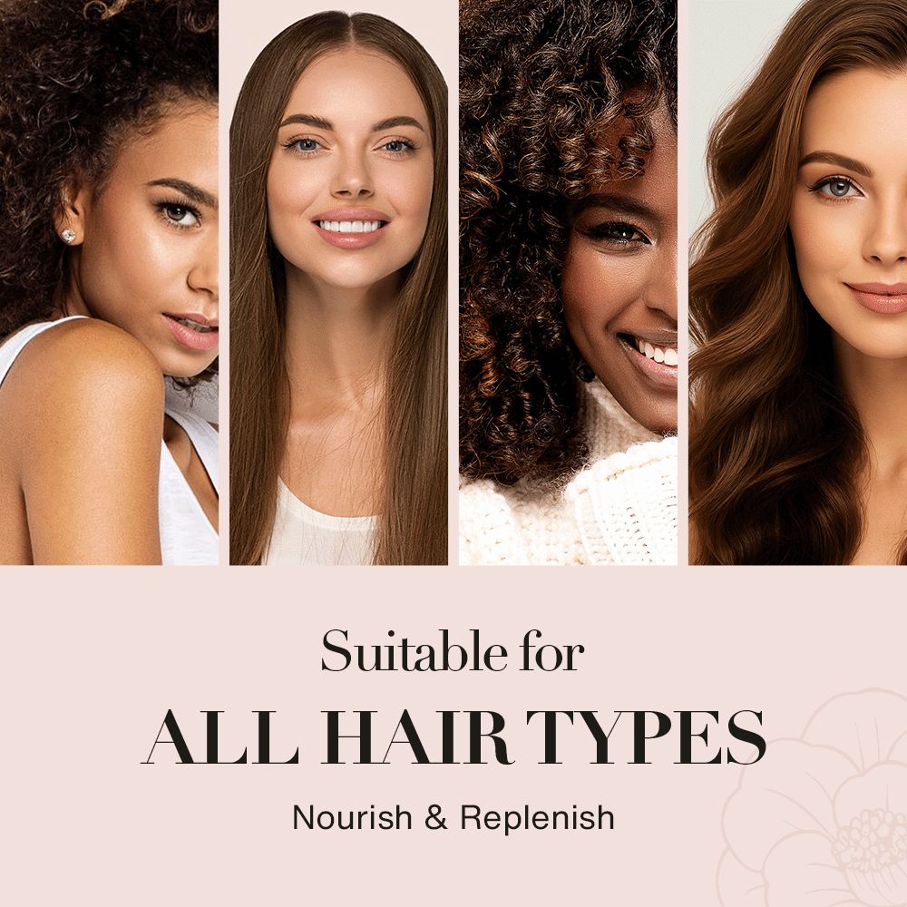 Four women with different hair types displayed alongside text 'Suitable for all hair types Nourish & Replenish'. Camellia Oil - Oleo Botanicals