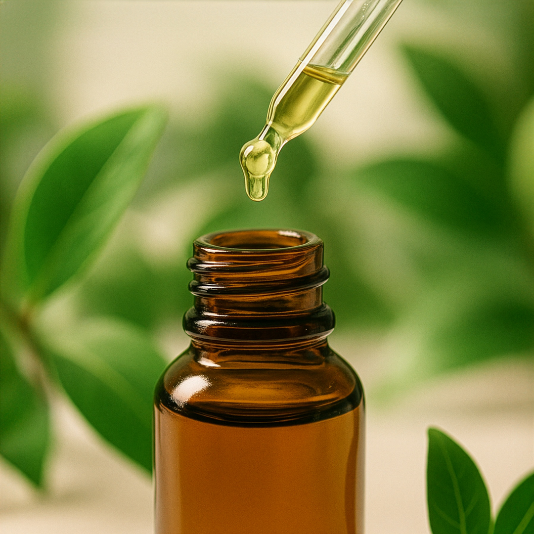 Brown glass bottle with dropper against a green leafy background