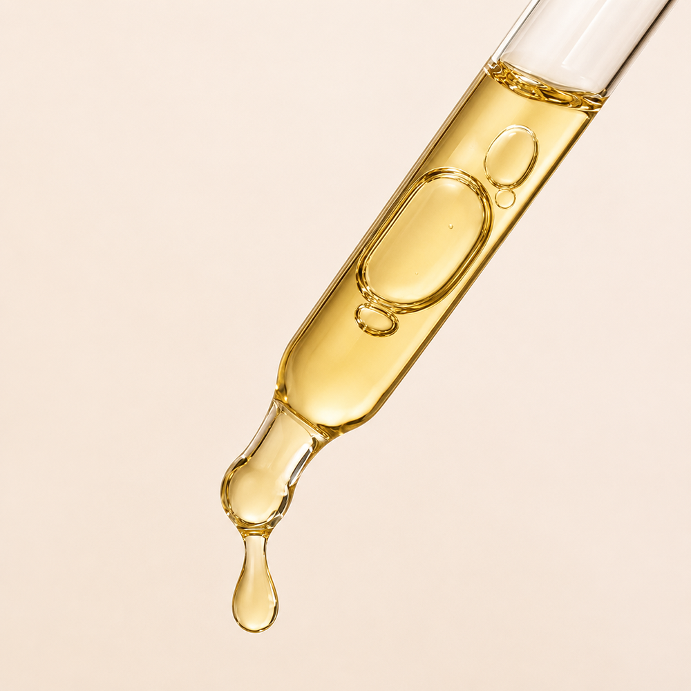 Close-up of a dropper with golden camellia oil on a beige background