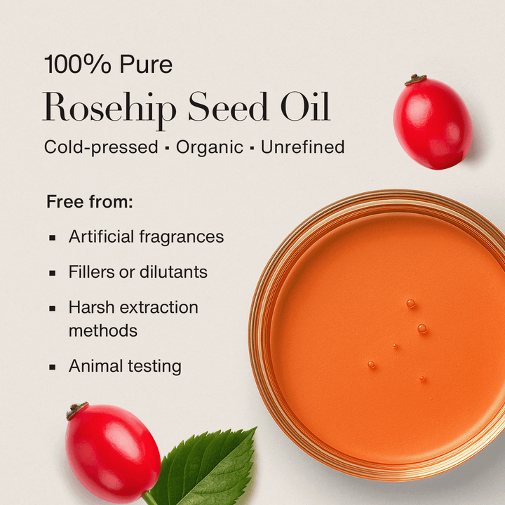 Flat lay of 100% Pure Rosehip Seed Oil by Oleo Botanicals, cold-pressed, organic, and unrefined, shown with rosehip fruits and listed benefits: free from artificial fragrances, fillers, harsh extraction methods, and animal testing